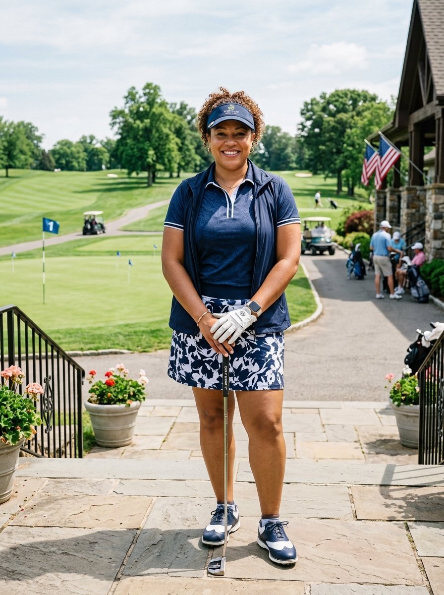 A woman in golf attire stands on a stone patio holding a putter with a golf course in the background.