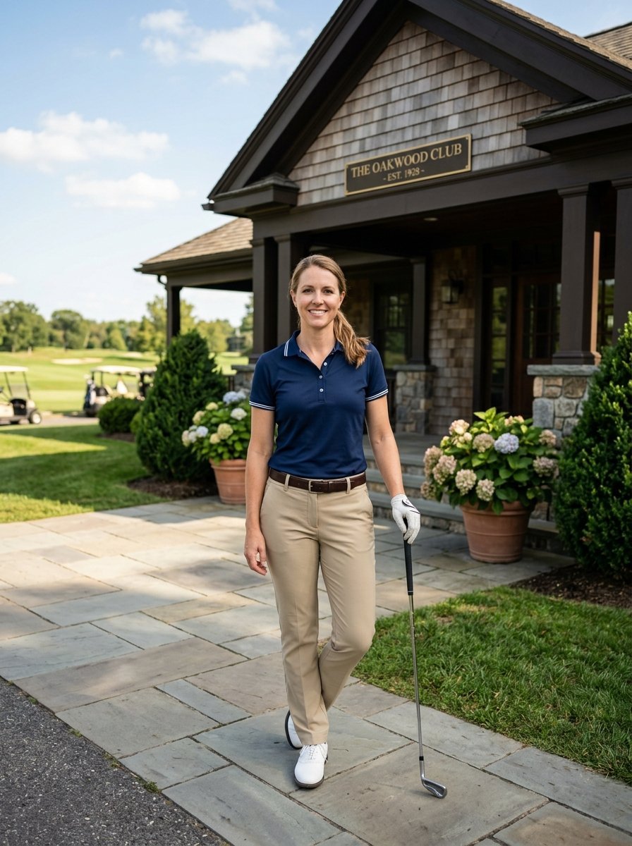 Female golfer in a navy polo and khaki pants holding a golf club outside a clubhouse.