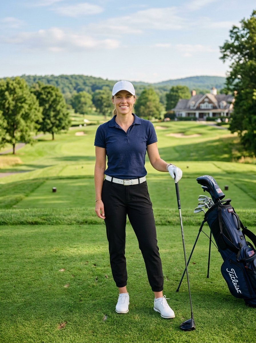 Golfer wearing a polo shirt and white cap holds a driver with a bag standing on a sunny fairway.
