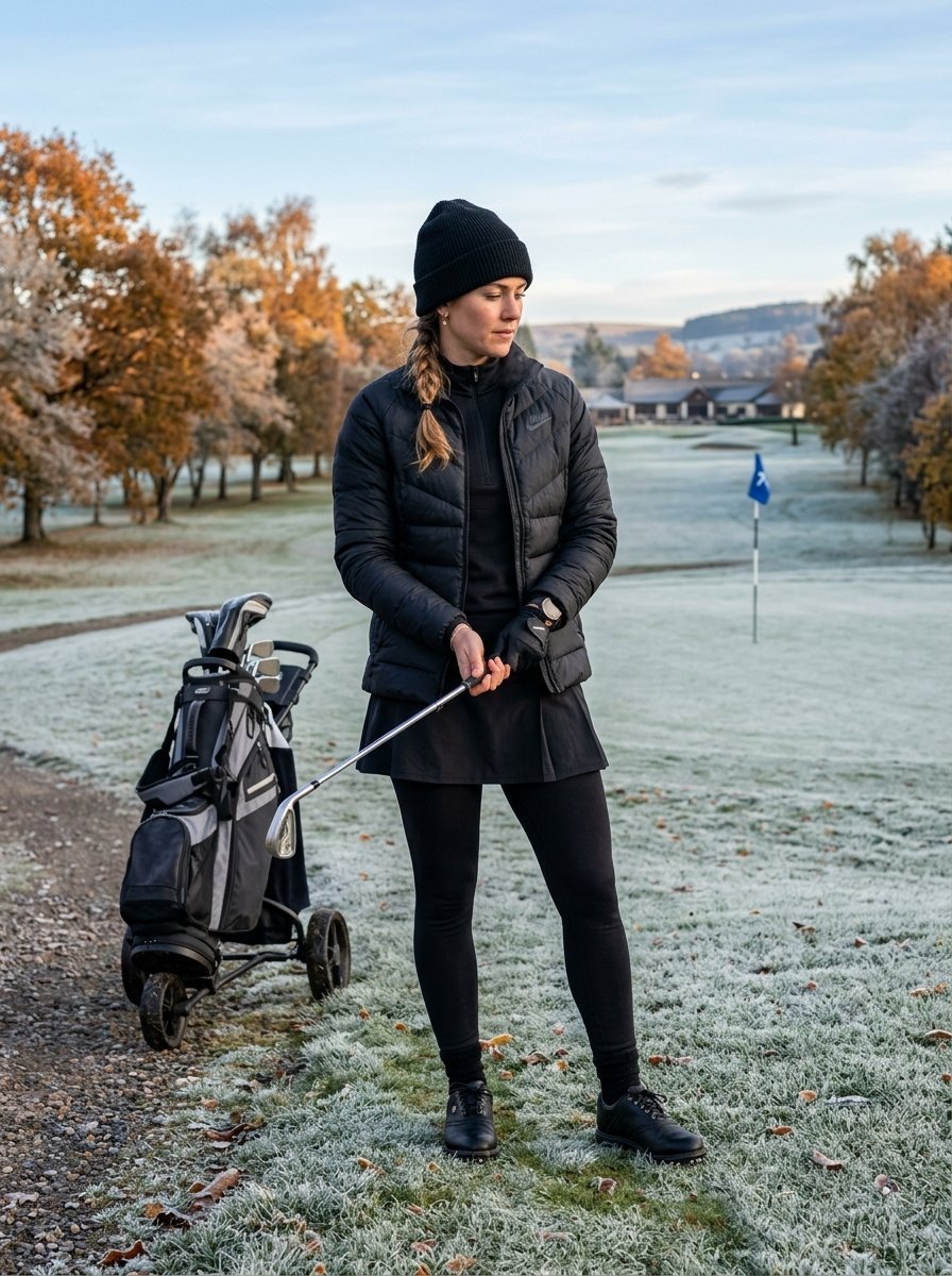 A woman wearing a black beanie and puffer jacket holds a golf club on a frost-covered golf course.