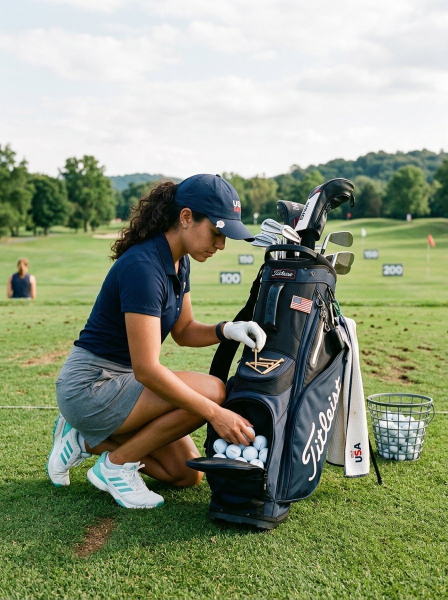 A woman in a navy polo kneeling on the grass to organize golf balls in a Titleist bag.