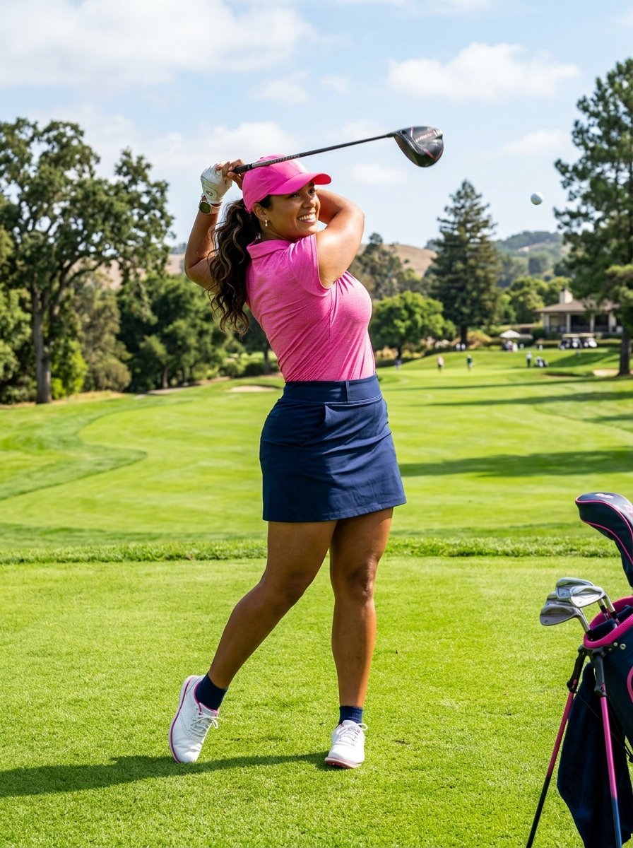 Golfer wearing a bright pink polo and navy skirt finishes her swing as a golf ball flies through the air.