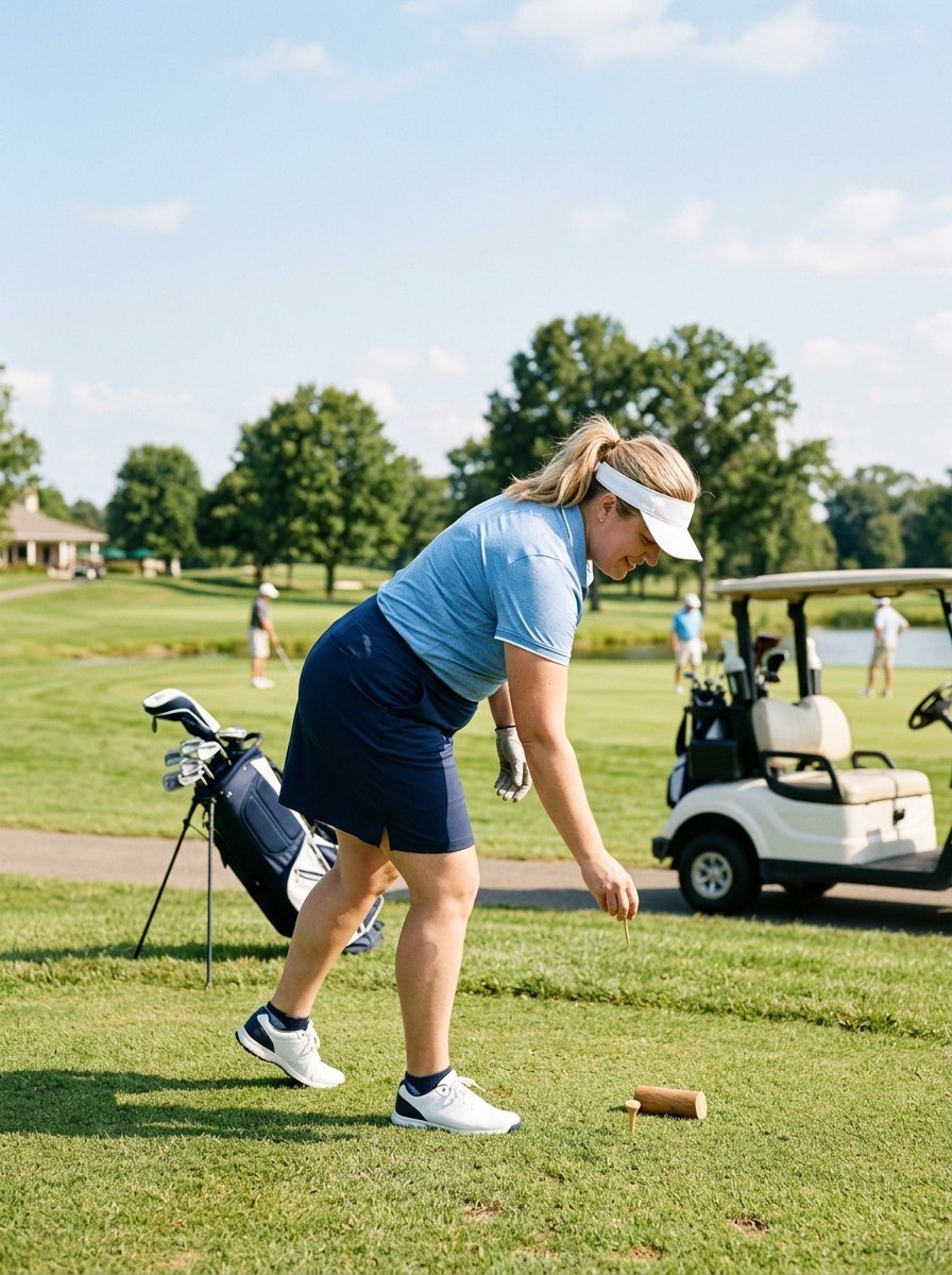 A blonde female golfer in a blue shirt and navy skort placing a tee into the grass on a golf course.