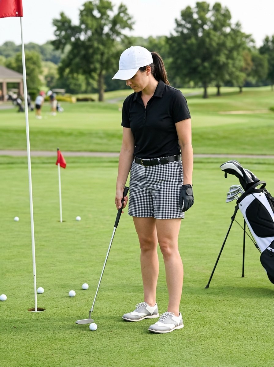 A female golfer standing on a putting green holding a putter near a ball with a golf bag nearby.