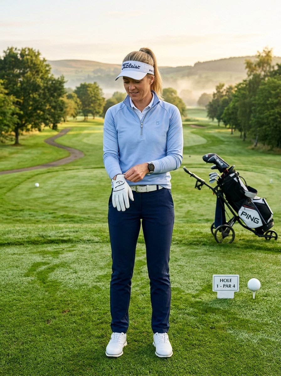 Female golfer wearing a visor and light blue pullover stands on a tee box adjusting her white golf glove.