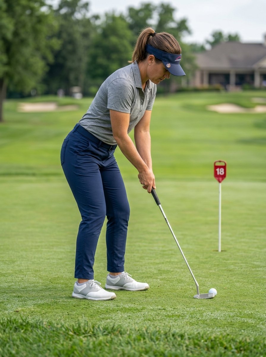 A woman wearing a visor and polo shirt prepares to strike a golf ball with a putter on a green course.