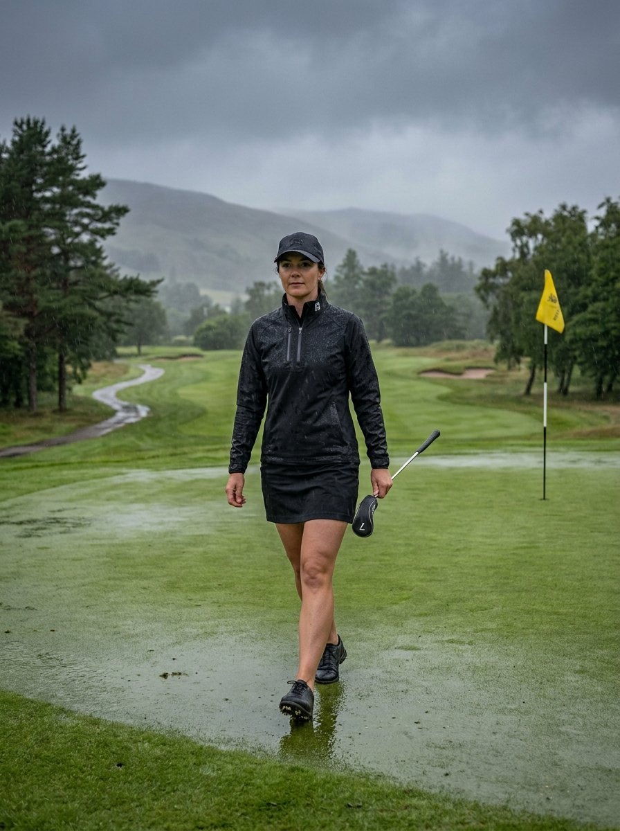 A determined female golfer in black rain gear walks across a saturated putting green under a stormy sky.