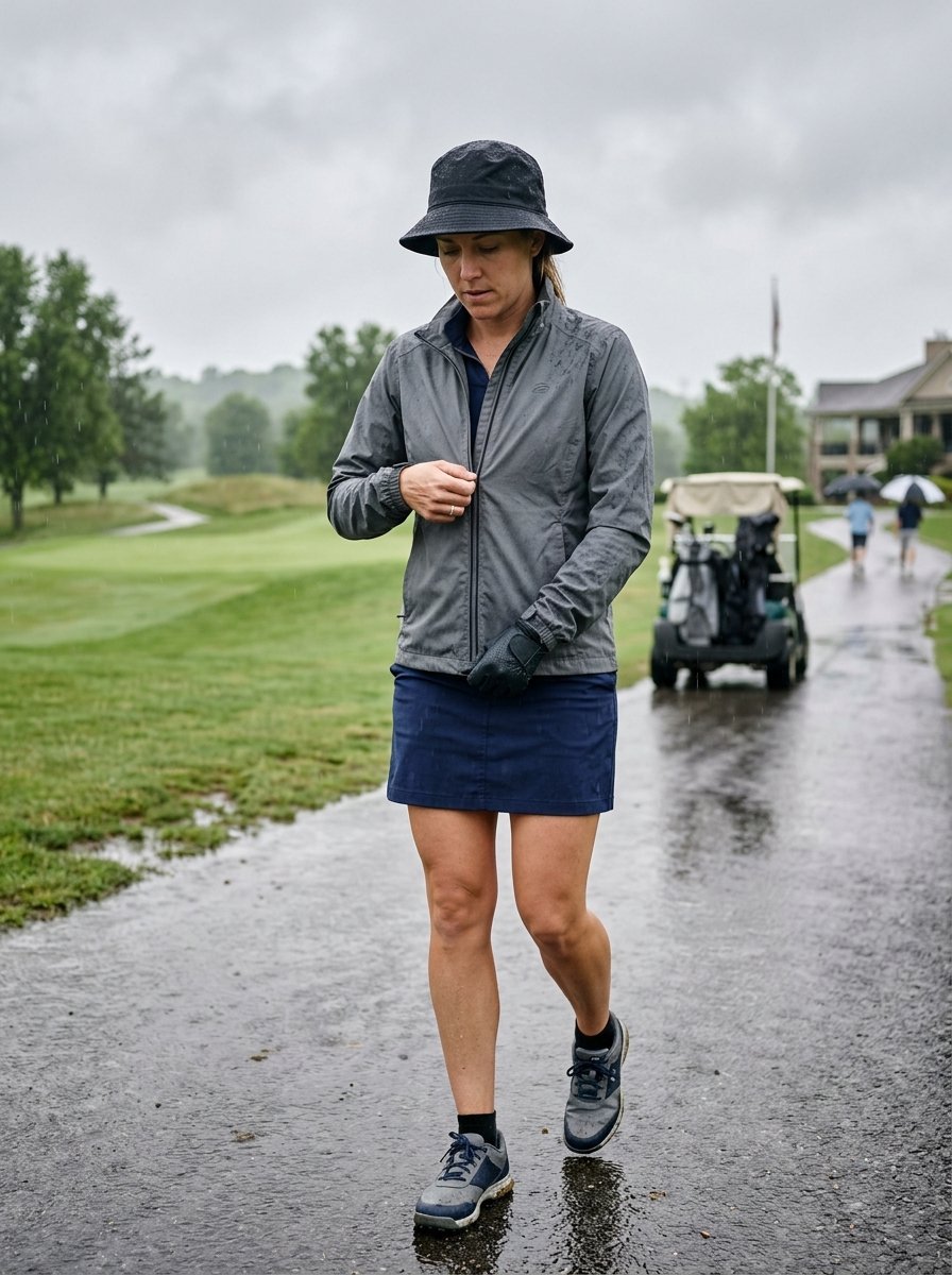 A woman wearing a golf hat and rain jacket walking on a wet golf course path.