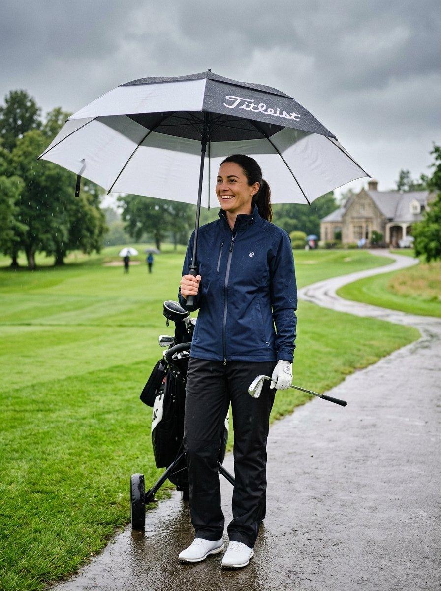 A woman golfer in a navy jacket and white shoes stands on a wet golf course path under a large black and white umbrella.