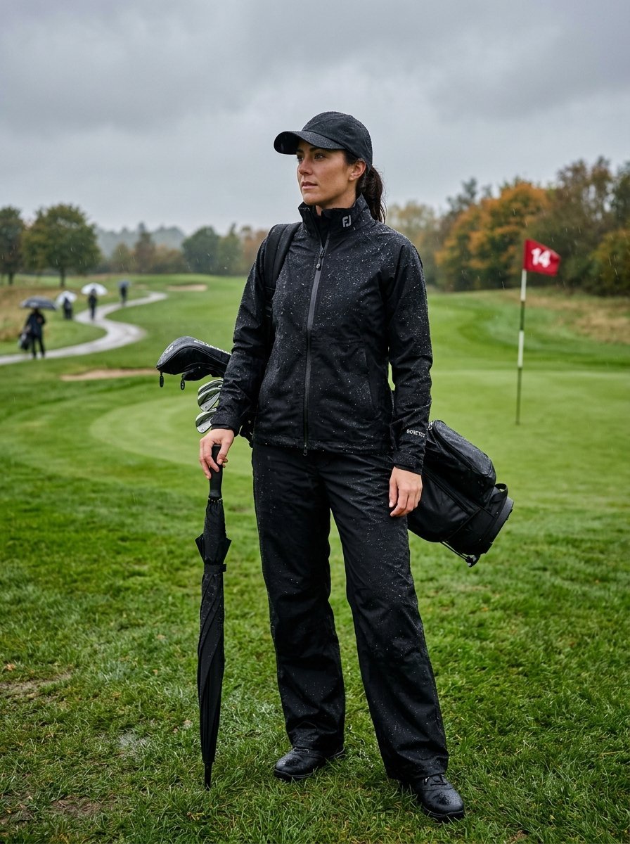 A woman in black rain gear and a cap holding a closed umbrella on a golf course near a hole marked with a red flag.