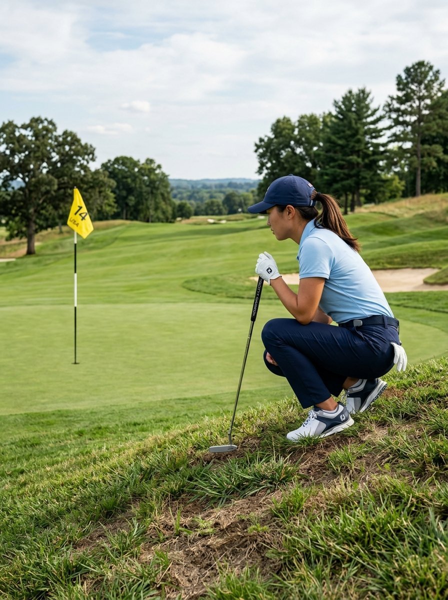 Young woman in golf attire crouching on a grassy hill to analyze a putt towards the fourteenth hole flag.