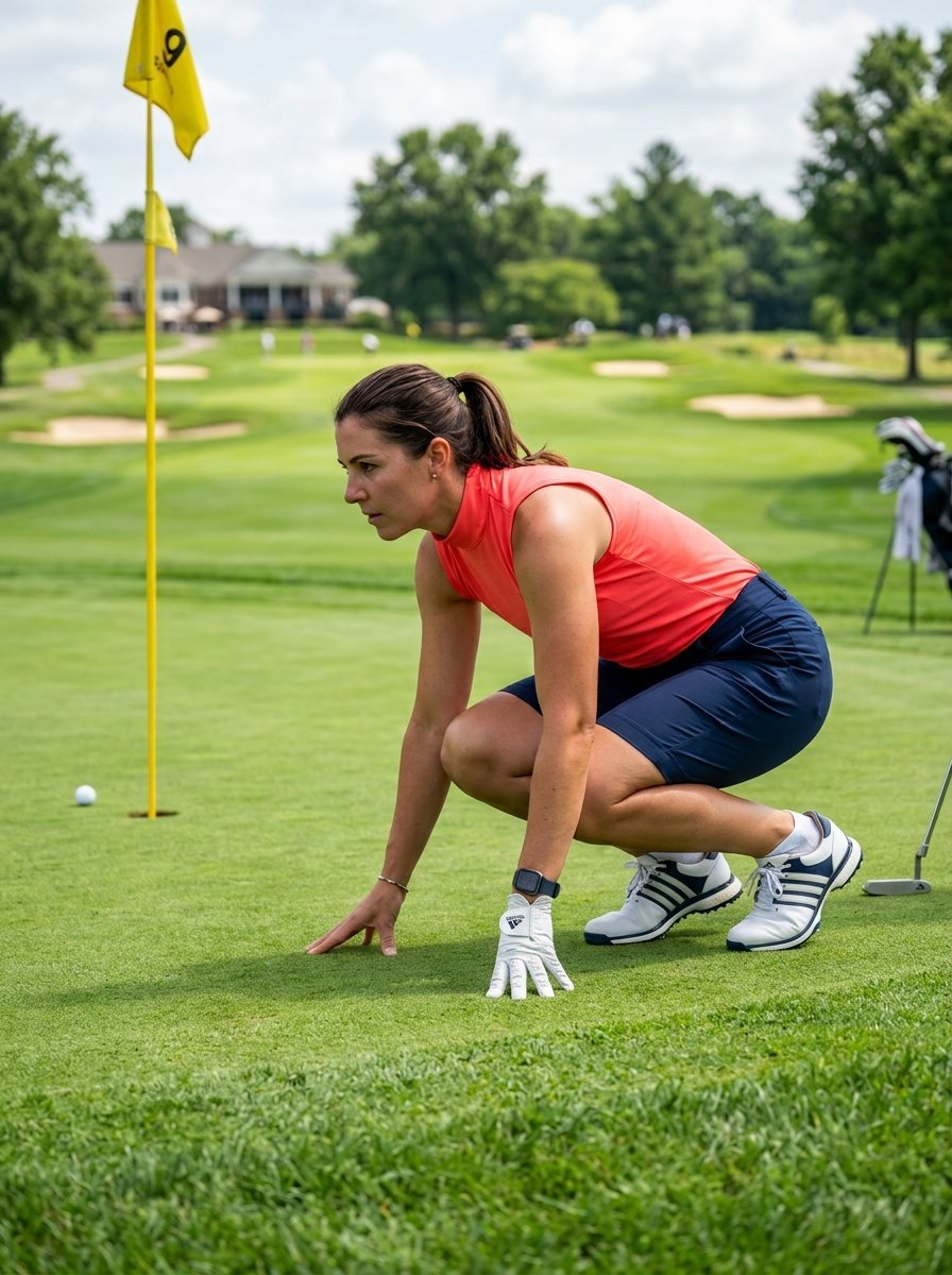 A woman in a coral top and navy shorts crouches on a golf course to analyze the putting line near the flag.