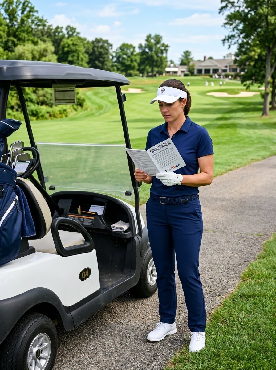 A woman in a navy golf outfit stands by a cart reading a R&A USGA rules booklet on a lush green golf course.