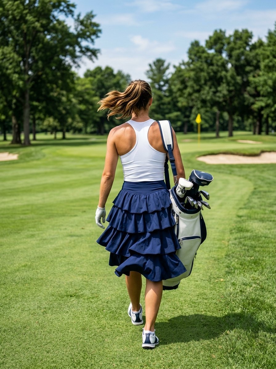 Back view of a woman carrying a golf bag while walking on a grassy fairway toward a green.