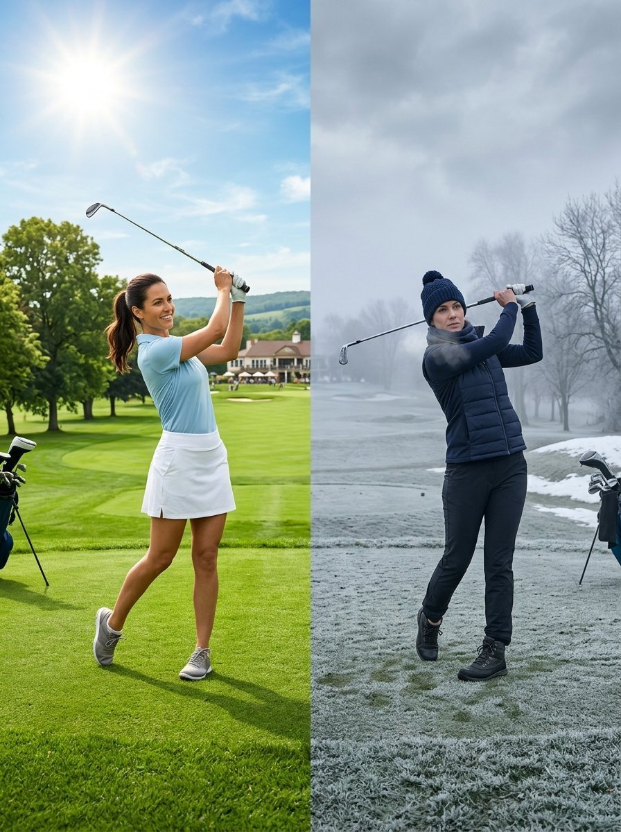 A split image showing a golfer in summer gear on the left and winter attire on a frozen course on the right.