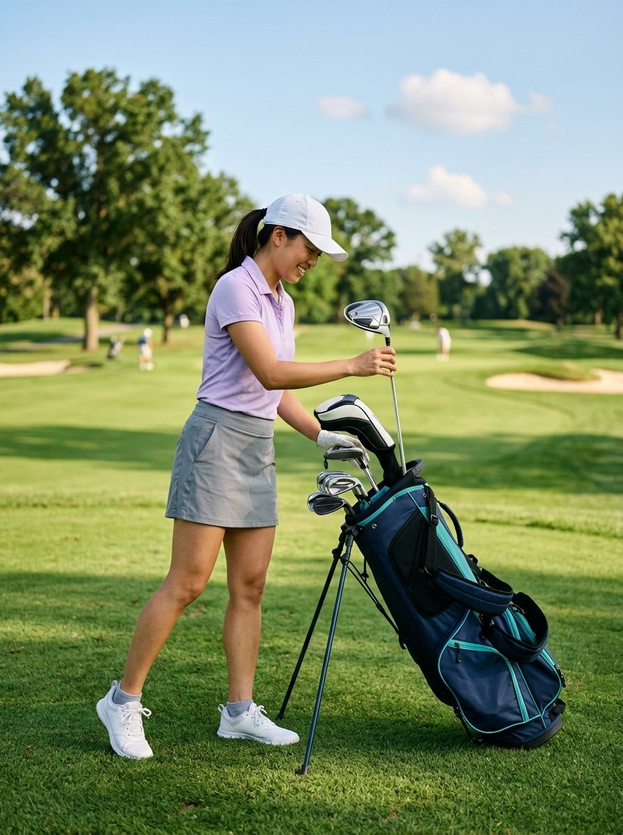 Young female golfer in a white cap and grey skirt picking a metal golf club on a sunny fairway.