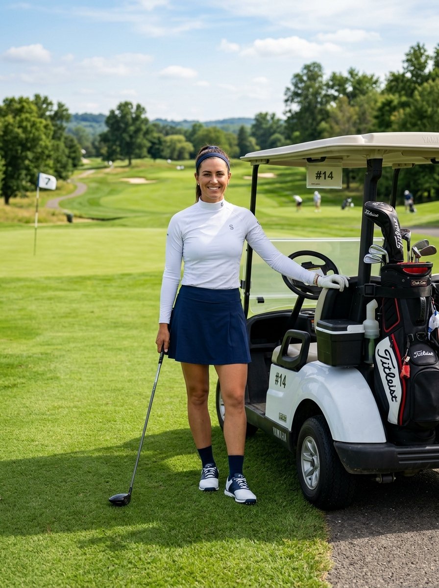 A female golfer in a white long-sleeve shirt and navy skirt stands by a golf cart holding a driver.