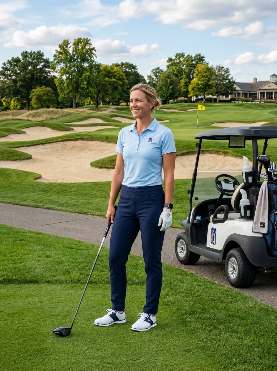 A blonde woman in a light blue polo and navy pants holds a golf club while standing next to a golf cart.