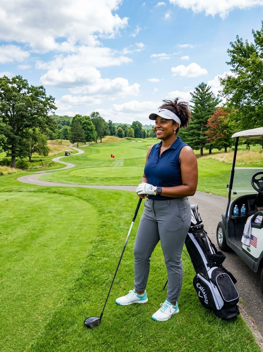 A woman in a navy top and white visor holding a golf club next to her bag on a sunny fairway.