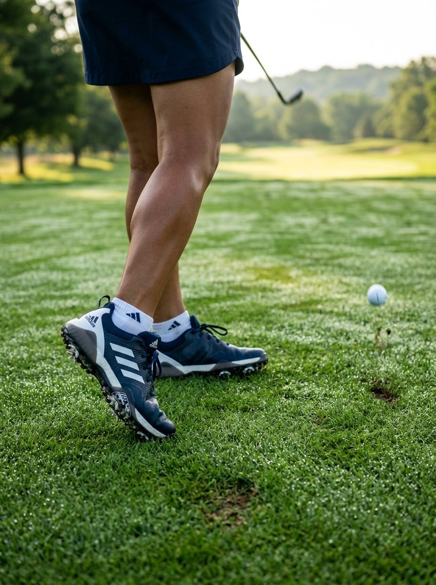 Close up of a golfer's legs and shoes standing on a dew-covered green with a ball in the distance.