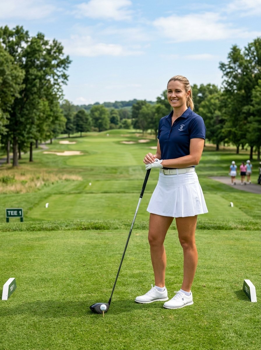 Blonde female golfer in a navy shirt and white skirt stands on a tee box with a driver at a sunny golf course.