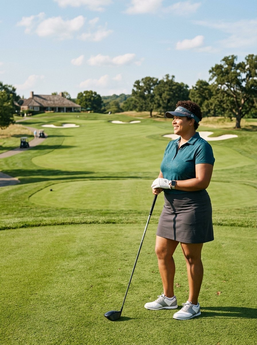 A woman wearing a visor and athletic wear stands holding a driver at a golf course with sand traps in the background.