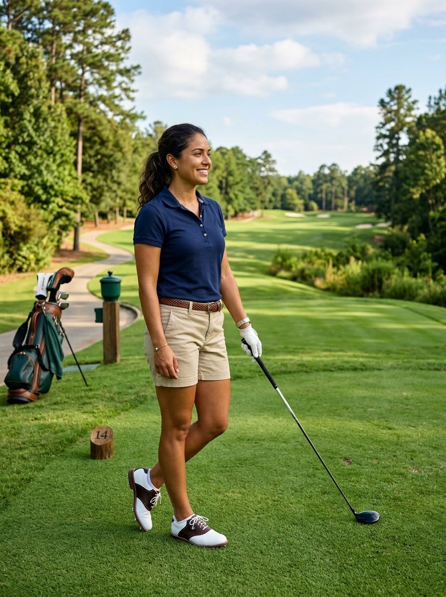 Smiling woman in golf attire standing on a 14th hole tee box with her club and bag nearby.