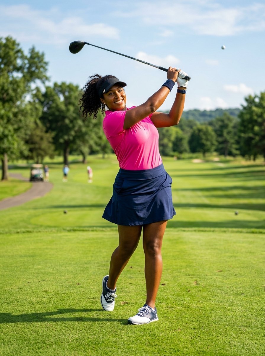 A woman with curly hair wearing a pink polo and blue skirt swings a golf club on a sunny green course.