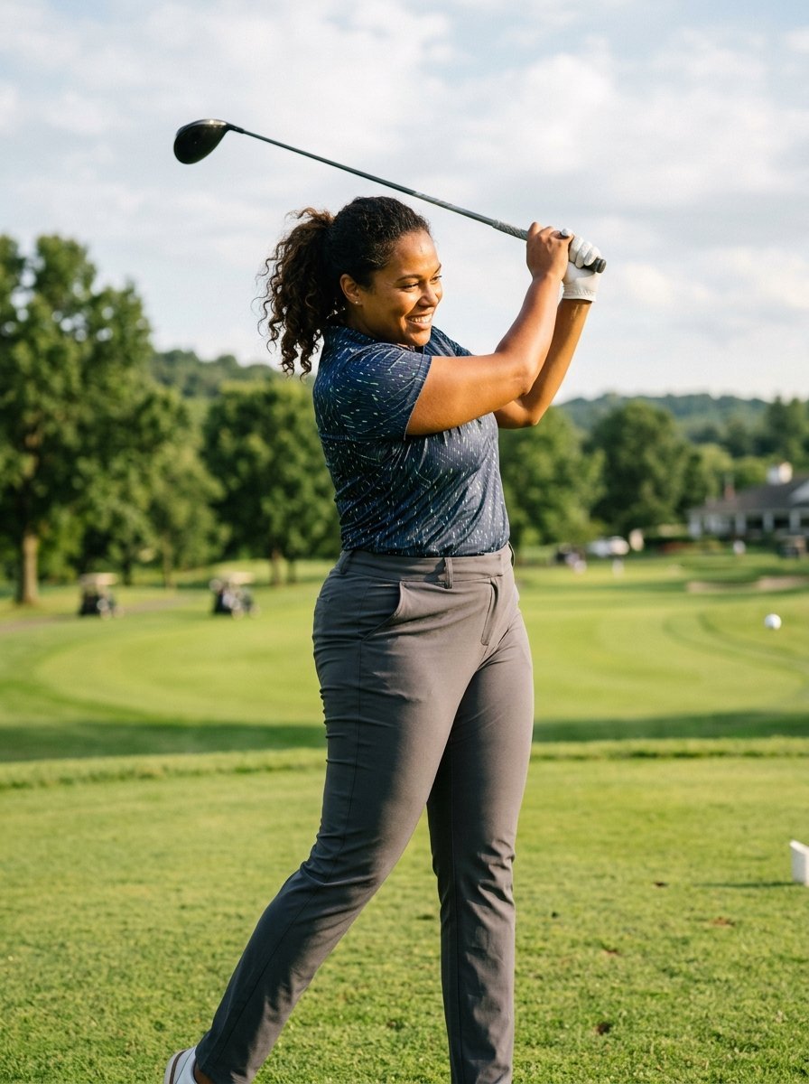 A woman with curly hair wearing a blue patterned polo takes a golf swing on a lush green course.