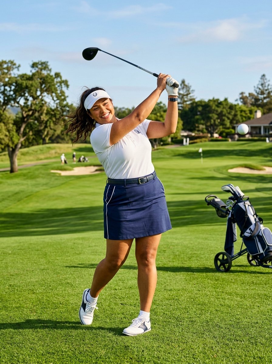 A woman in a white polo and navy skirt finishes her golf swing on a lush green course.