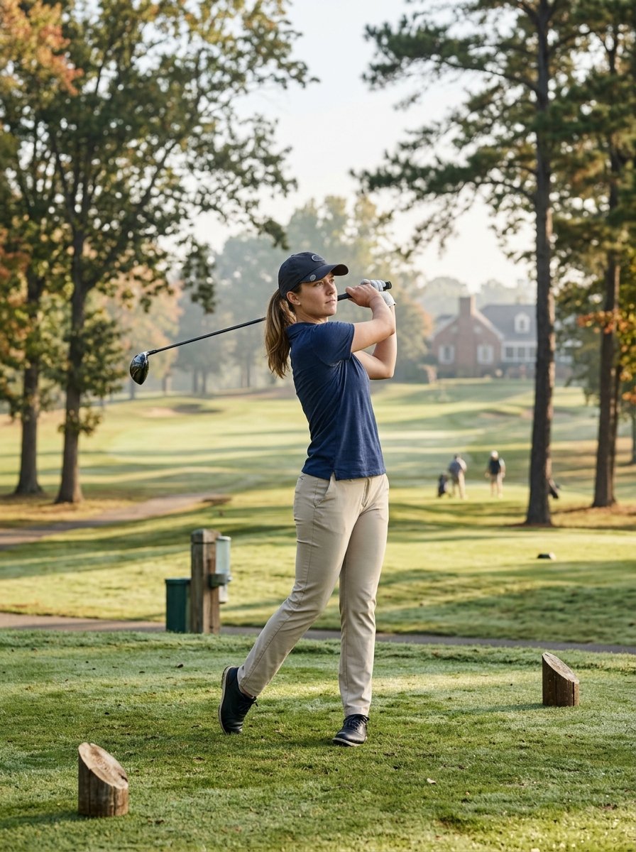 A female golfer in a blue polo and khaki pants follows through after hitting a golf ball on a scenic course.