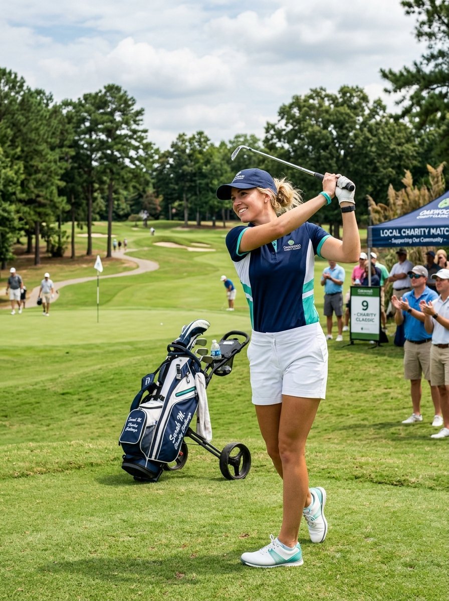 A blonde woman in a navy and teal polo shirt hits a golf ball on a sunny day at a charity event.