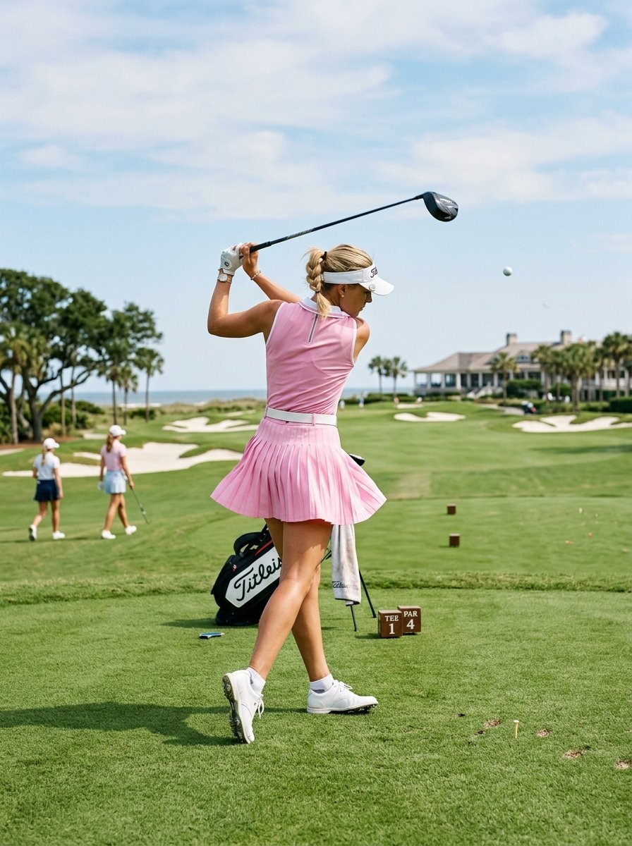 A golfer in a pink pleated skirt hits a ball on a sunny coastal golf course while two other people walk in the background.