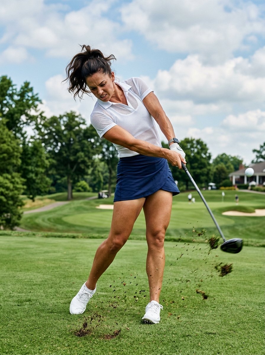 A female golfer in a navy skirt and white polo executing a powerful swing on a sunny golf course.