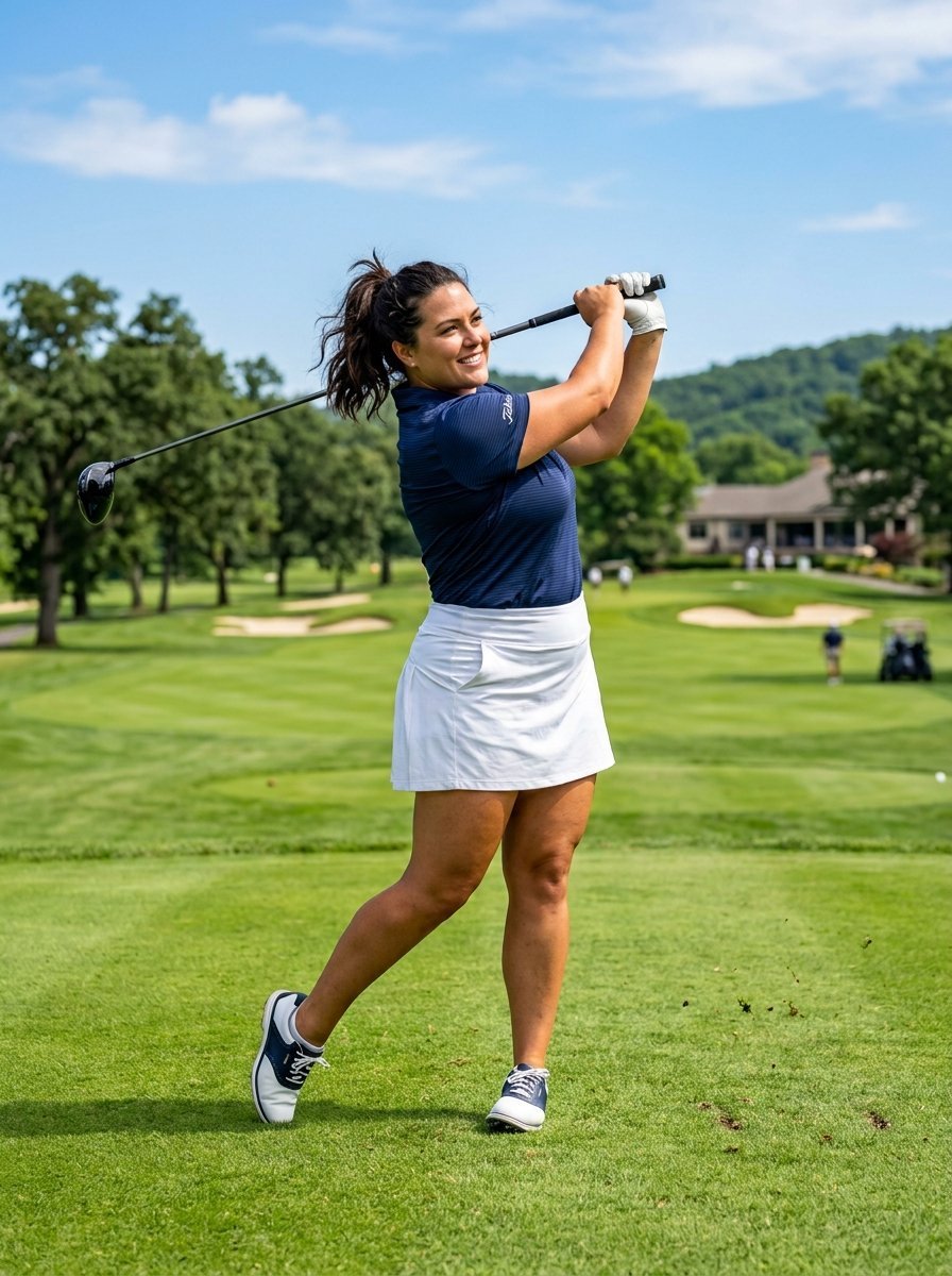 A woman in a navy polo and white skirt swinging a golf club on a sunny day.