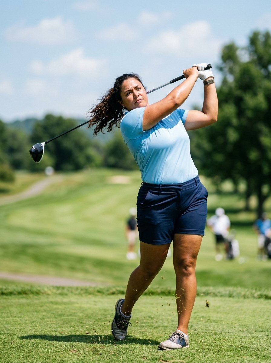 Woman in a light blue shirt and dark shorts completing a golf swing with a driver on a sunny day.
