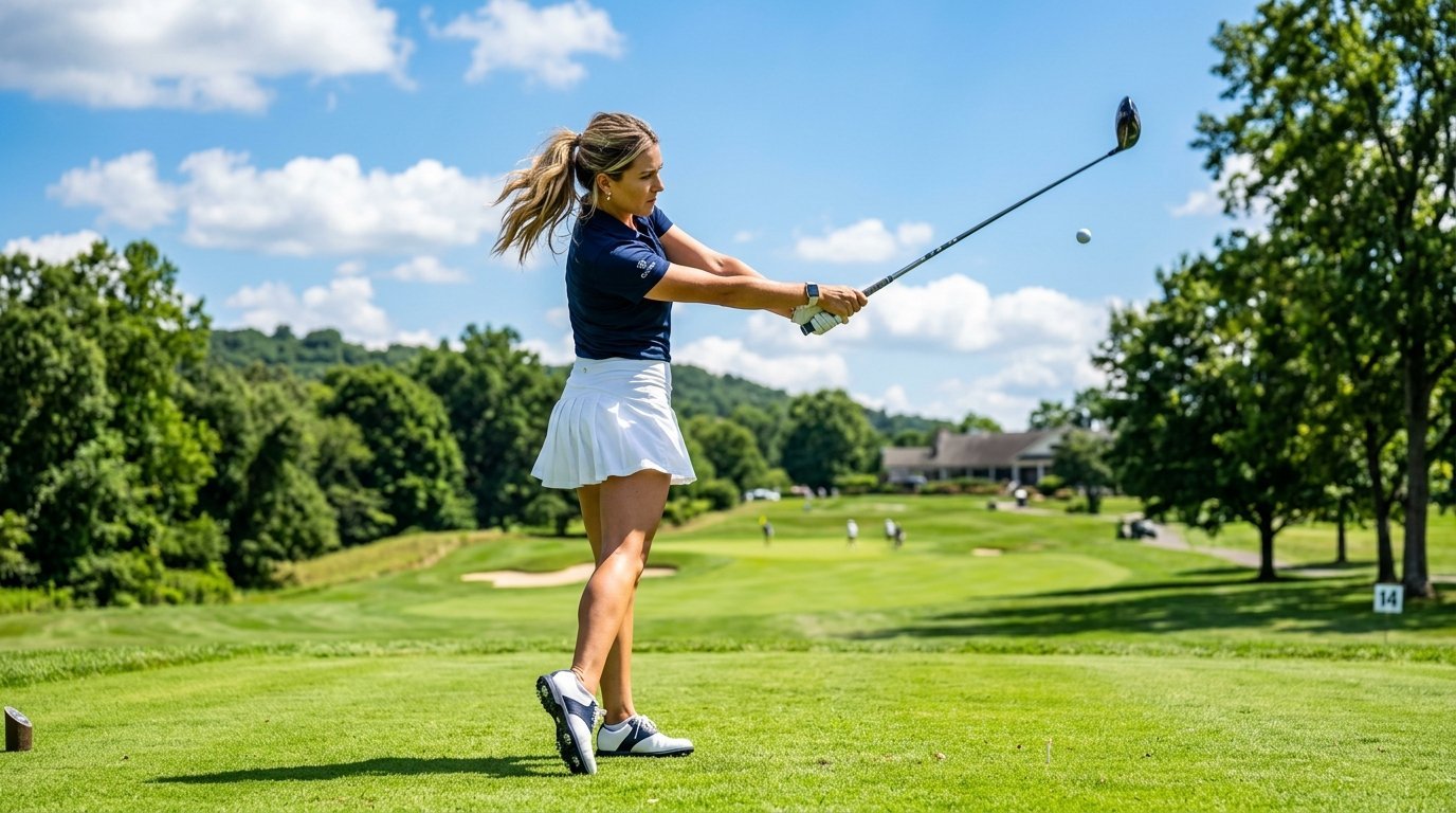 Young female golfer in a ponytail hitting a golf ball with a driver on a lush green course.