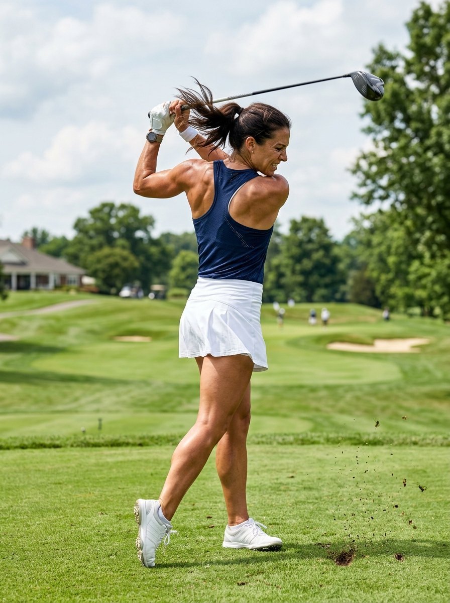 A fit female golfer wearing a blue tank and white skirt follows through her golf swing on a lush green course.