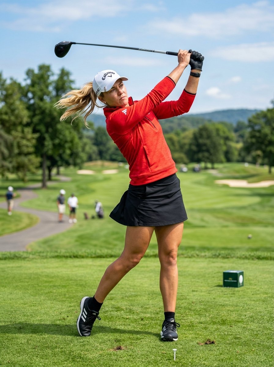 Blonde woman in red long-sleeve shirt and black skirt swinging a golf club on a sunny day.