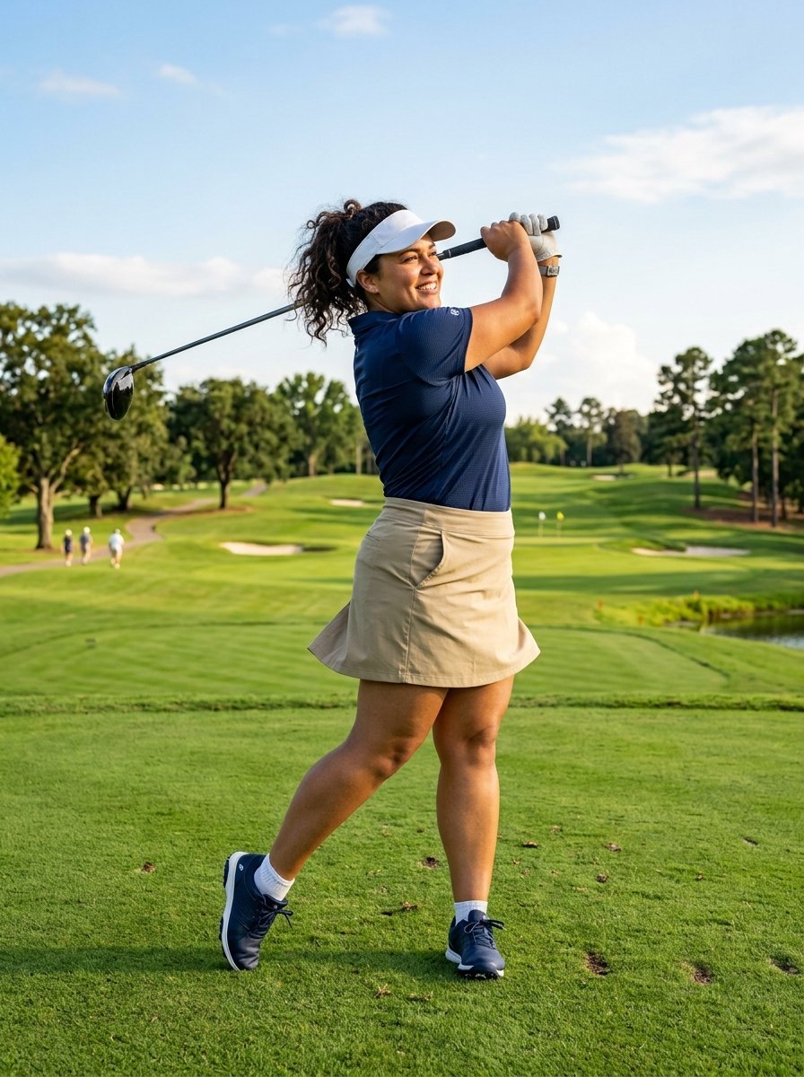 A smiling woman wearing a visor and navy polo shirt completes a golf swing on a lush green fairway.
