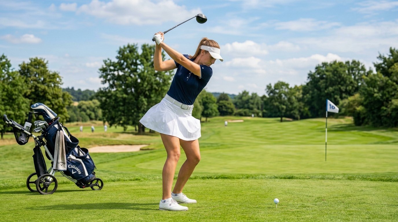 Young woman in a white skirt and blue polo shirt swinging a golf club on a green course.