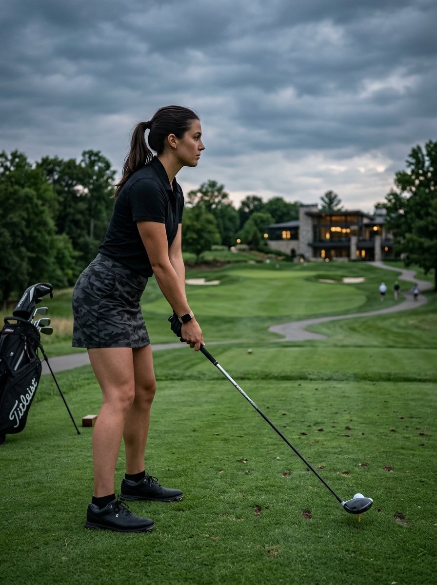 Woman in black polo and camo skirt preparing to swing a golf club on a green course under a cloudy sky.