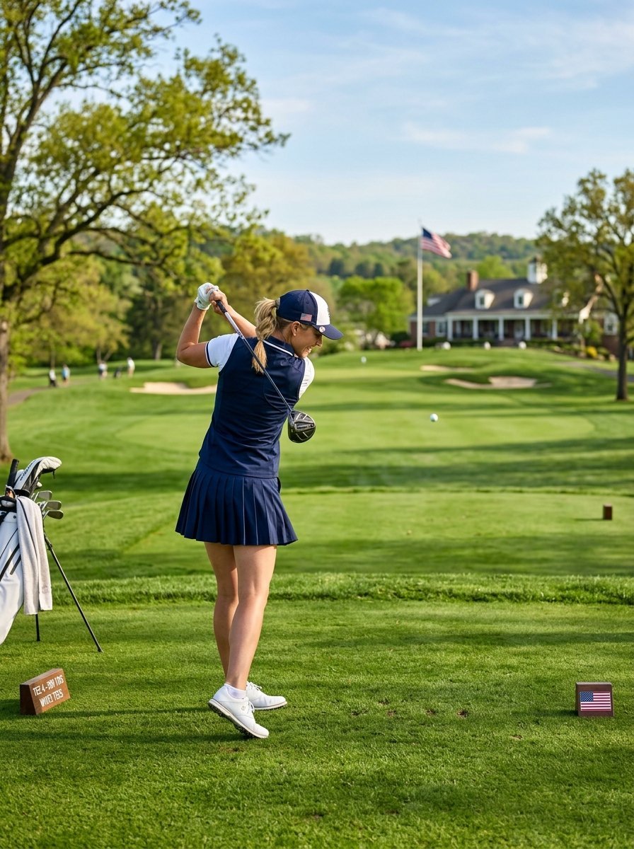 Woman in a navy golf outfit performing a follow-through swing on a lush green course with a clubhouse in the distance.