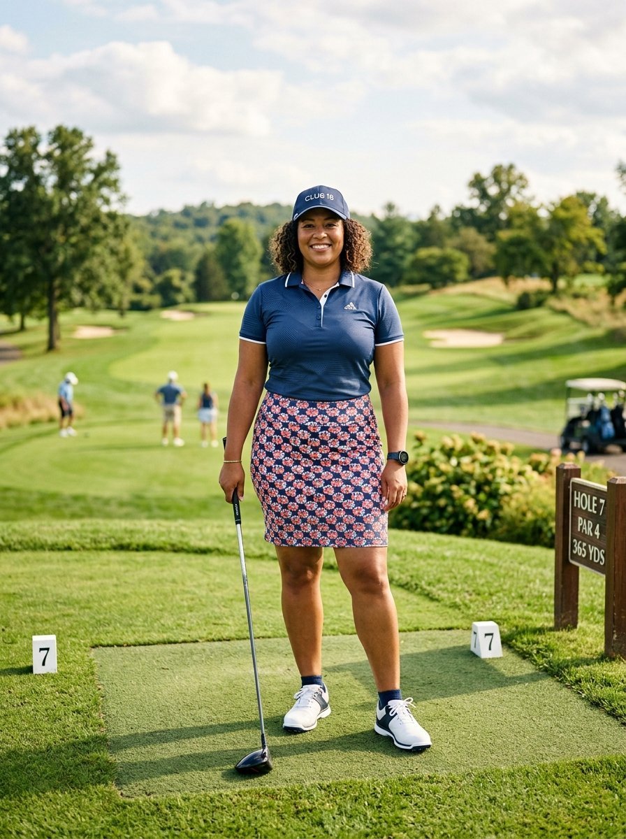 Woman in a navy polo and patterned golf skirt holding a driver on a grass tee box with course in background.