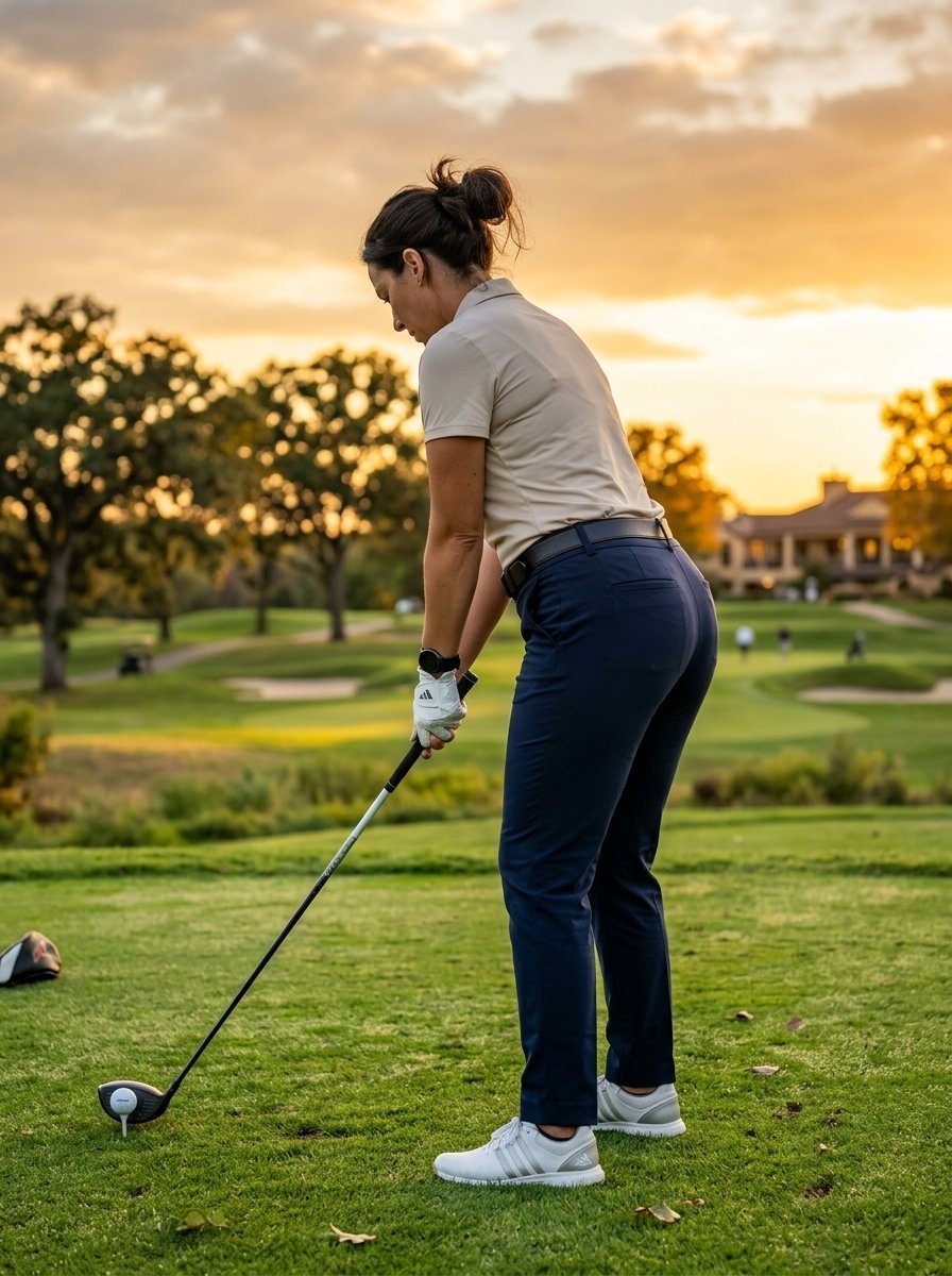 Woman in beige polo and dark pants preparing for a drive on a sunny golf course.