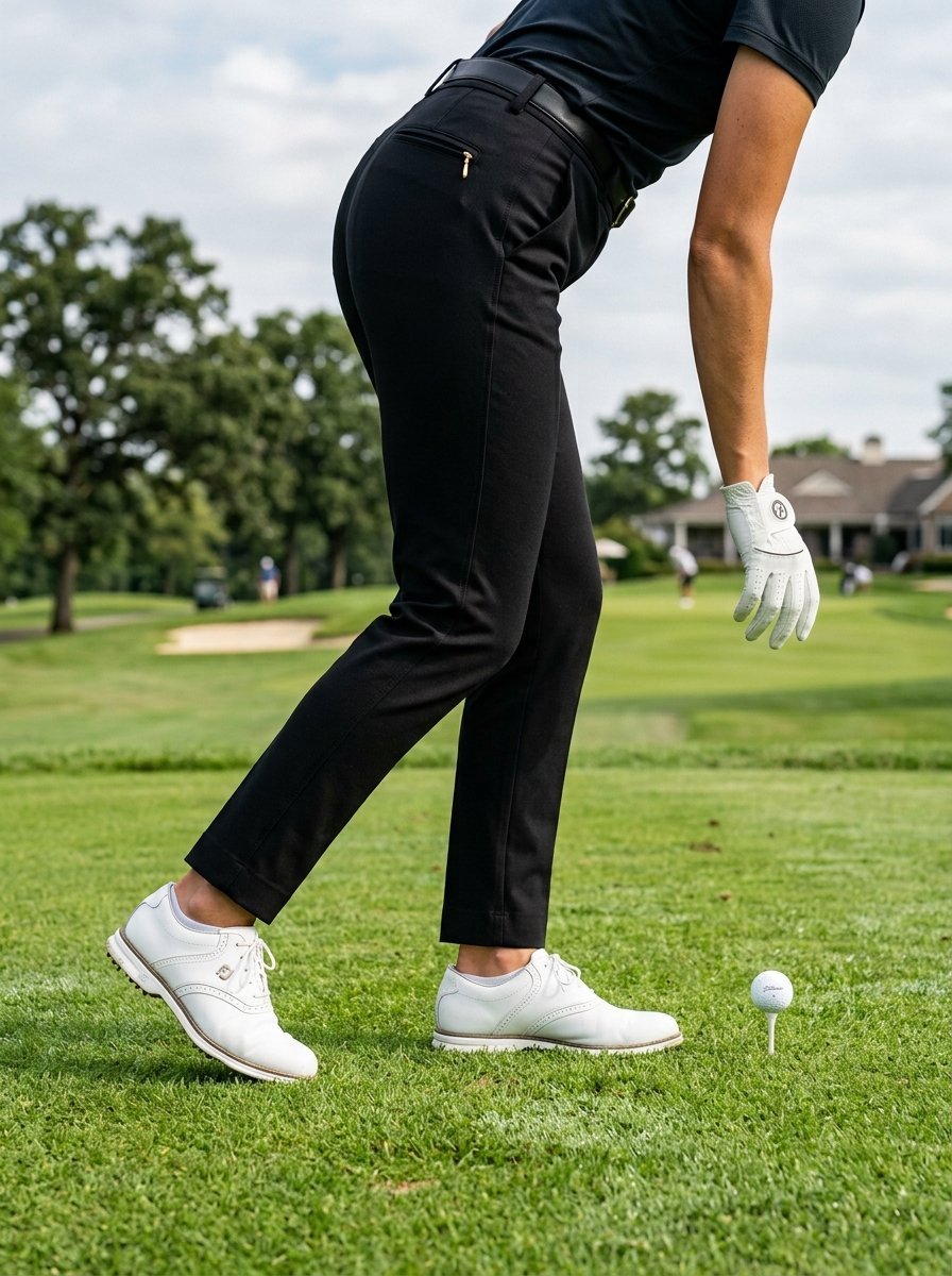 Close up of a golfer in black trousers wearing white golf shoes and a glove while placing a ball on a tee.