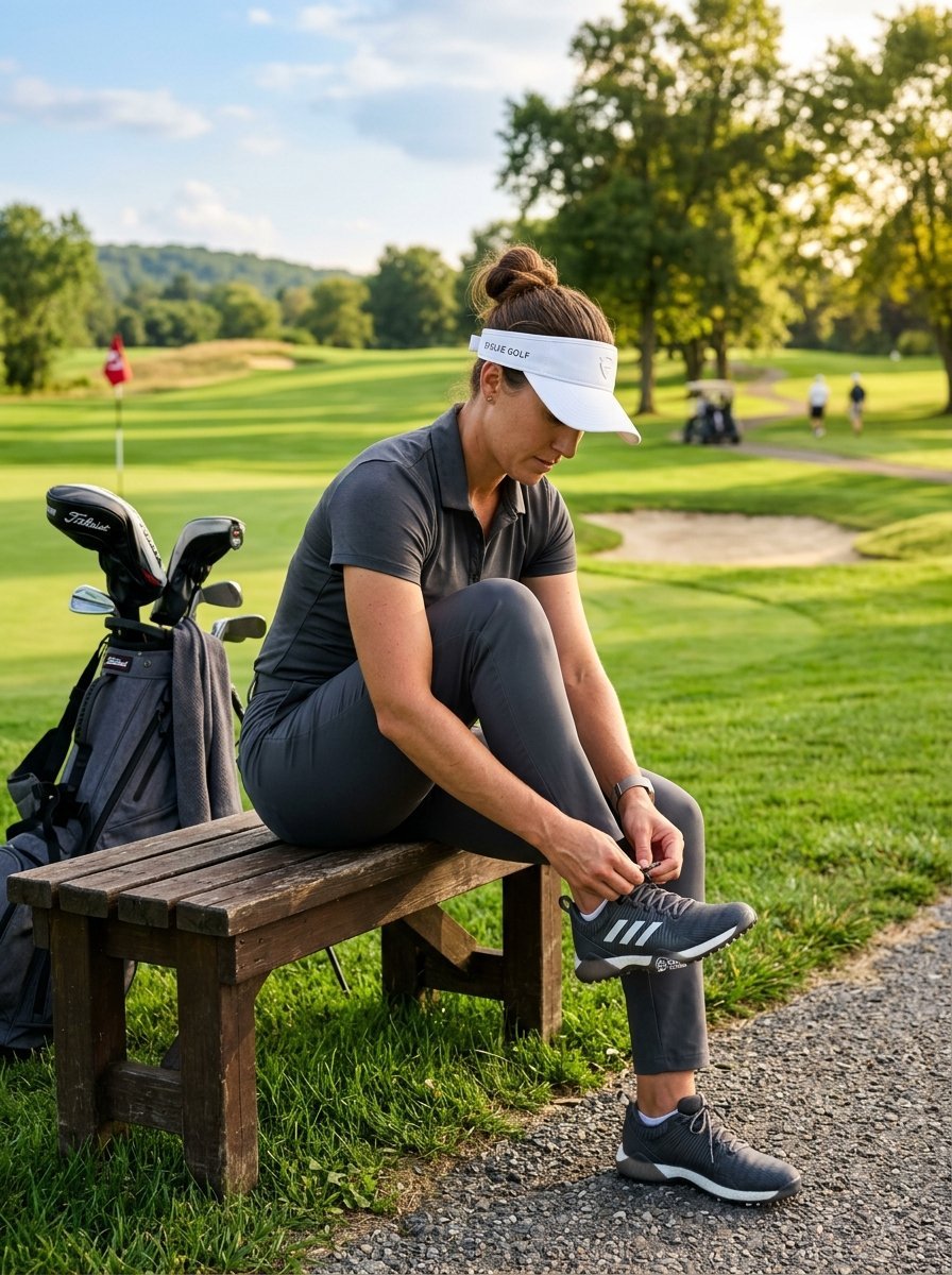 A woman in a visor and grey athletic wear laces her shoes while seated on a bench beside a golf club bag.