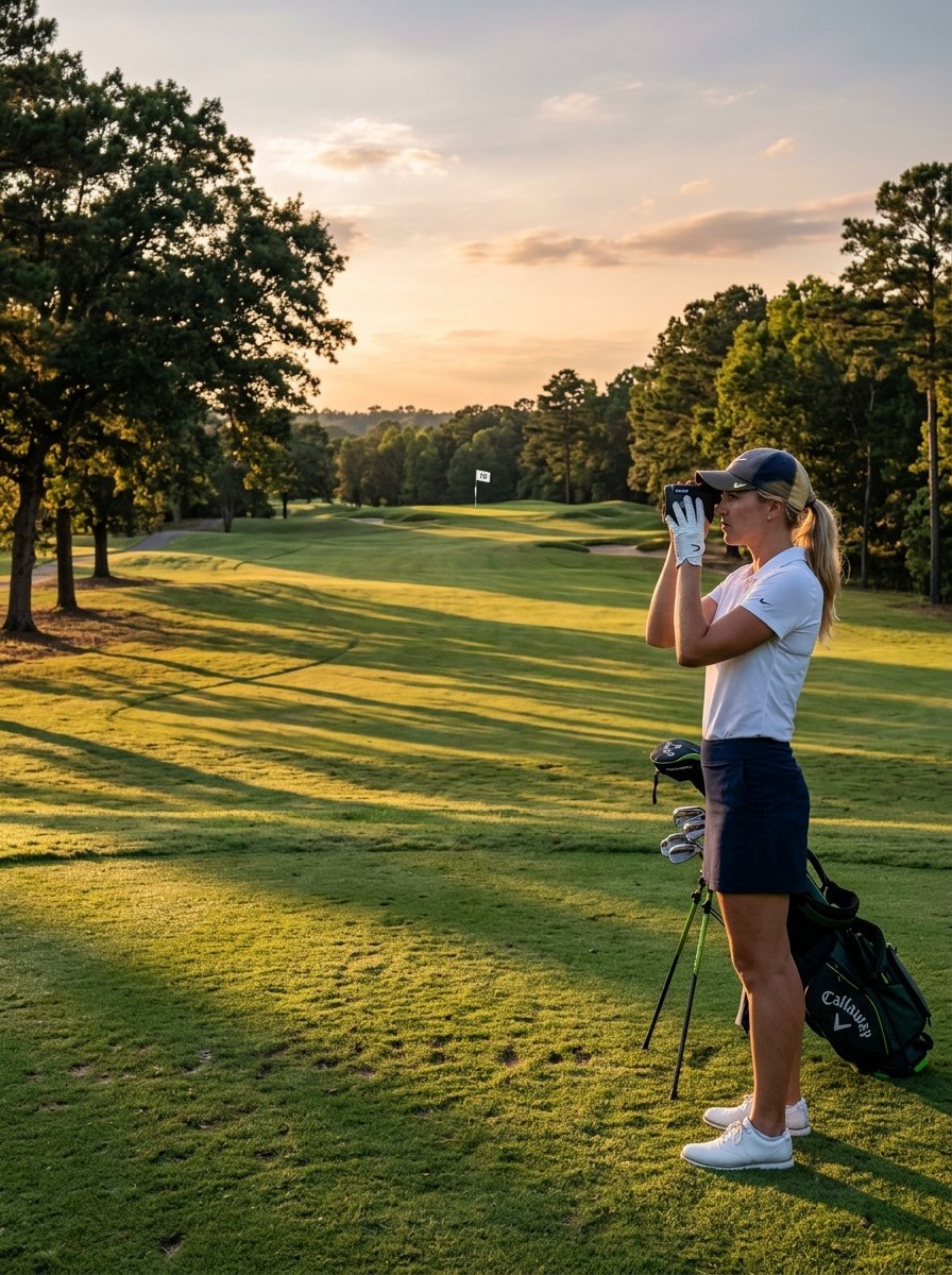 A blonde golfer in a white shirt and navy skirt aims a rangefinder toward the green on a sunny golf course.