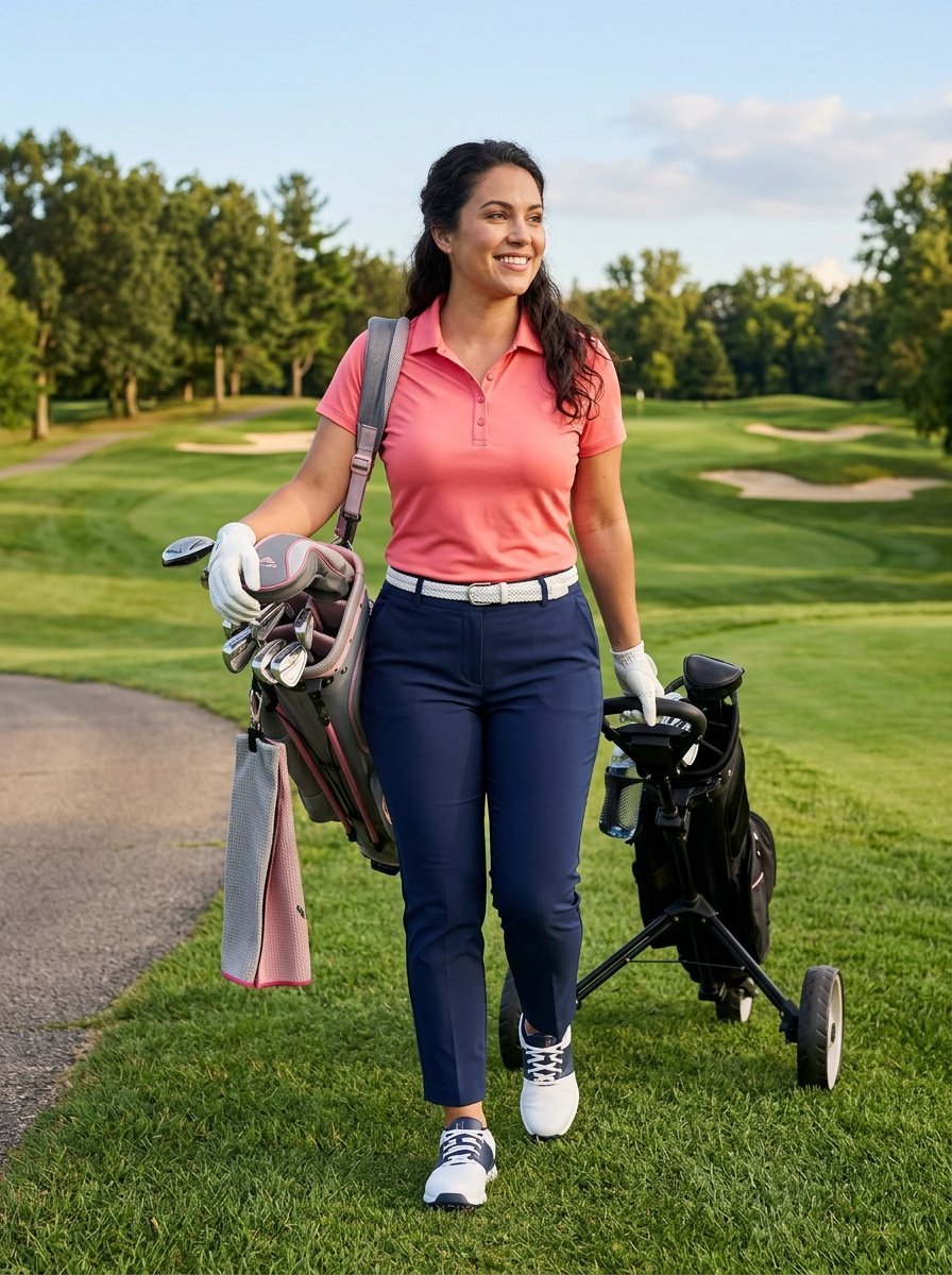 Woman in pink polo and blue pants carrying golf clubs and pulling a cart on a sunny day.