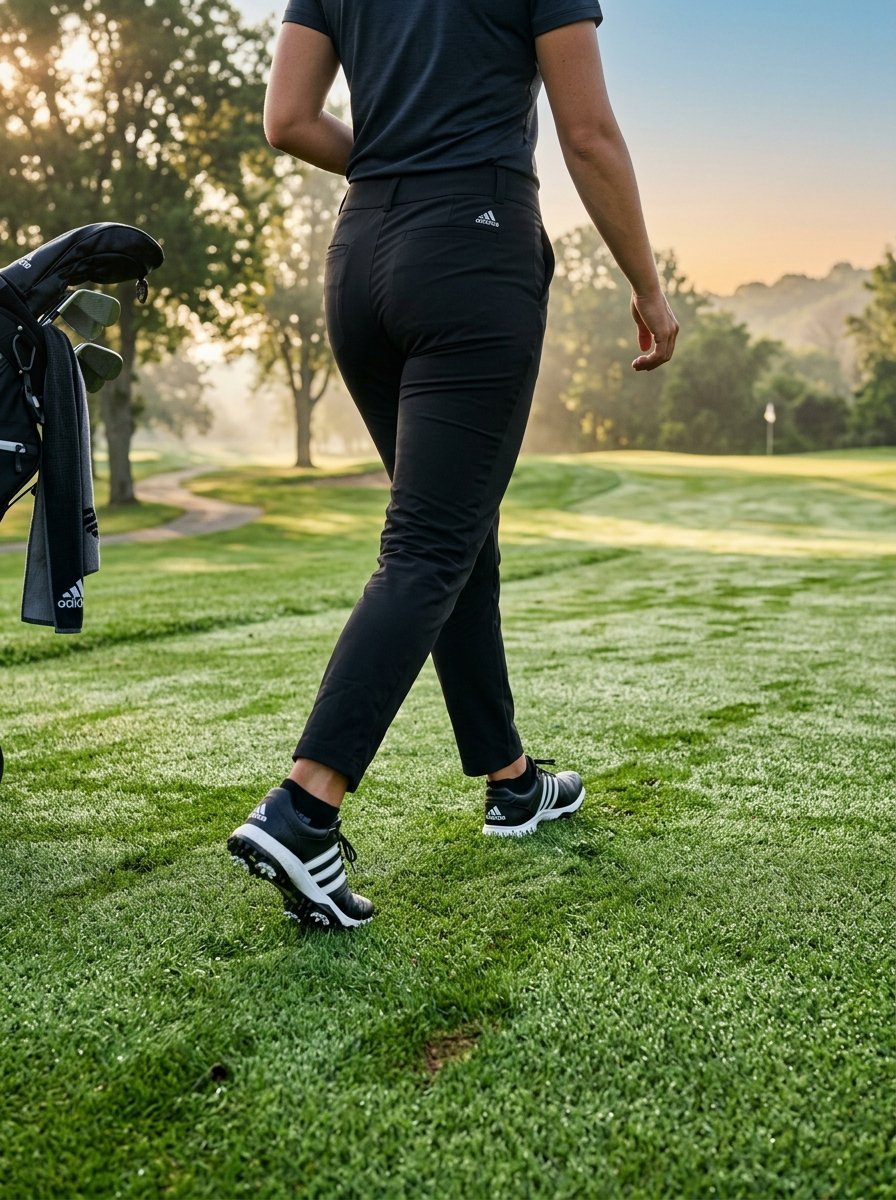 A golfer wearing black pants and sneakers walks across a dew-covered green toward the sun.